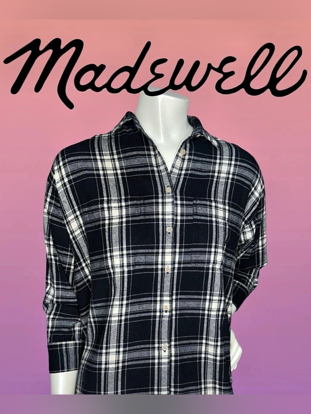 Madewell Women's Black & White Plaid Flannel Button-Up 3/4 Sleeve Shirt Size M